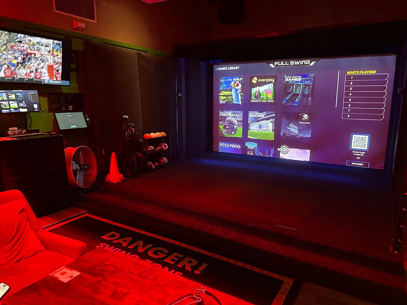 Full Swing simulator screen showing the games library